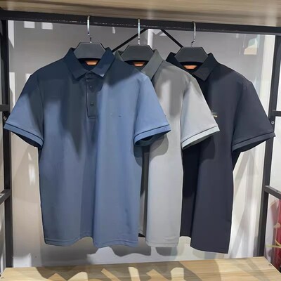 D164新标笔尹家新款冰舒锦氨弹性短袖T恤男夏季清爽百搭翻领半袖