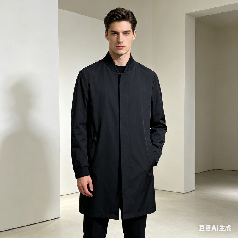 BW5比家男士春秋新款商务休闲中长款棒球领外套 黑色百搭中年上衣