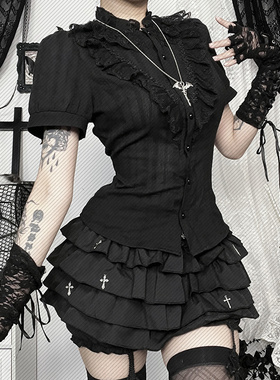 CF25026哥特暗黑风提花肌理感衬衫2025新款修身百搭款短袖上衣女