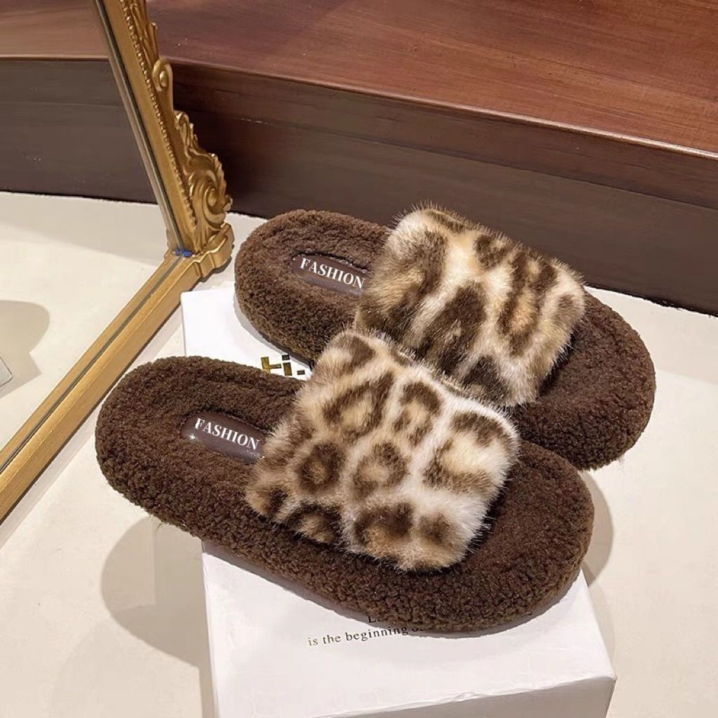 B冬季爆款毛毛拖鞋豹纹居家百搭防滑防臭家居棉拖拖鞋学生
