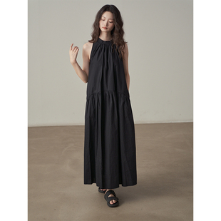 黑色白色无袖挂脖连衣裙女韩版慵懒风气质遮肚子大摆茶歇A字长裙