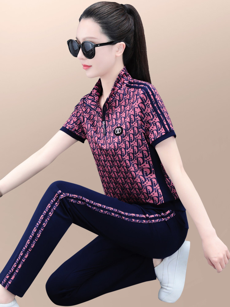 冰丝运动套装夏季女新款时尚洋气显瘦立领花色短袖长裤休闲两件套