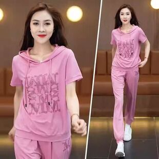 欧洲站时尚运动套装女2025年夏季新款烫钻短袖连帽卫衣减龄两件套