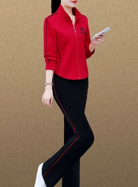 运动套装女秋装2026新款休闲洋气女士外套大码宽松跑步两件套红色