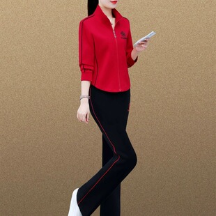 运动套装女秋装2026新款休闲洋气女士外套大码宽松跑步两件套红色