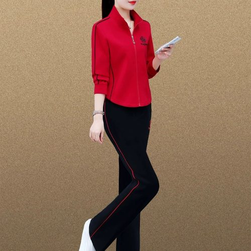 宽松2024新款红色跑步两件套秋装