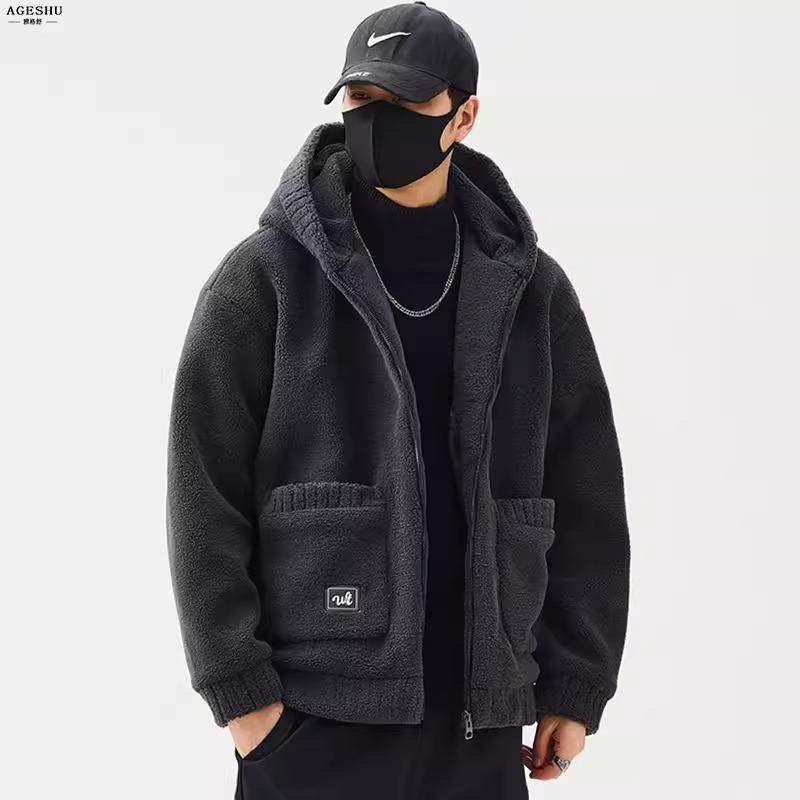 羊羔绒外套男士冬季2025新款潮牌连帽摇粒绒加厚保暖夹克棉服冬装