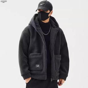 羊羔绒外套男士冬季2025新款潮牌连帽摇粒绒加厚保暖夹克棉服冬装