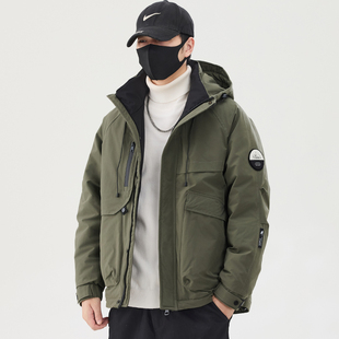 工装风军绿色连帽羽绒服男士加厚保暖宽松多口袋冲锋衣外套秋冬