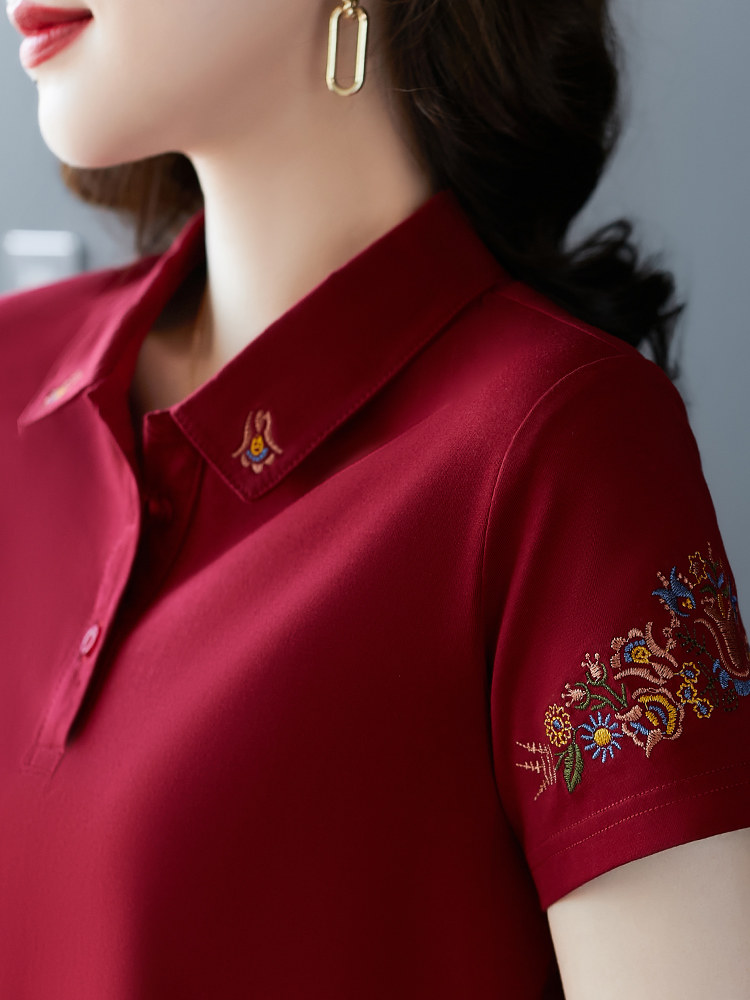 翻领短袖t恤女纯棉时尚洋气2025新款中年妈妈夏装休闲翻领上衣女