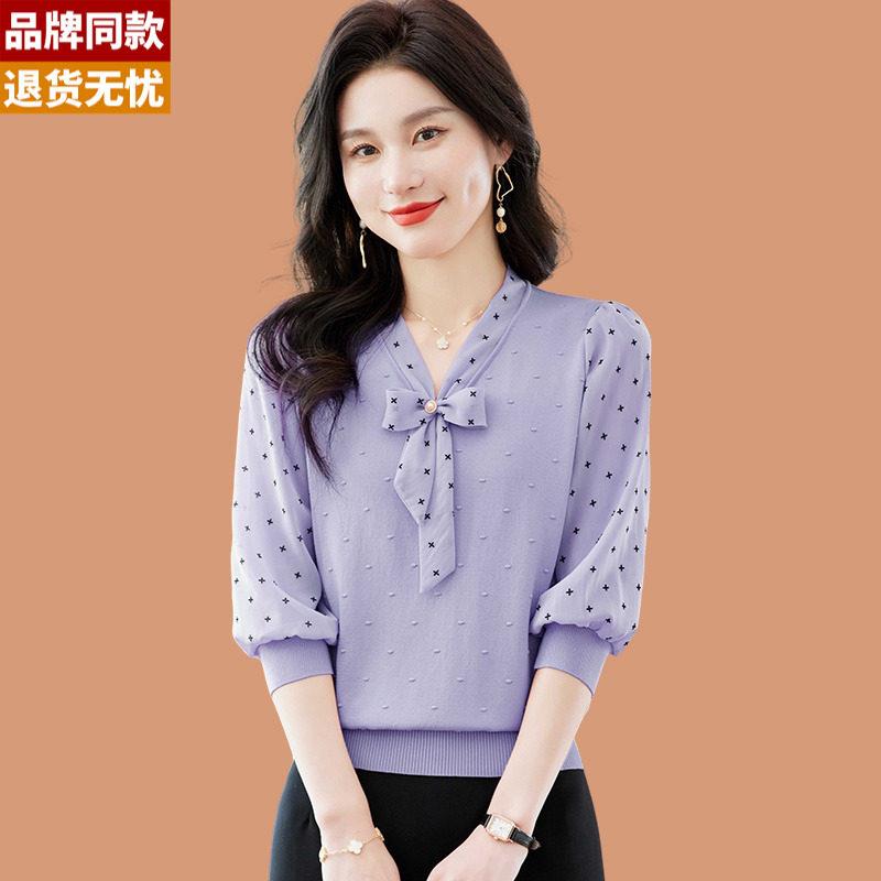 蝴蝶领冰丝短袖t恤女2026新款洋派妈妈夏装薄雪纺纱袖桑蚕丝上衣