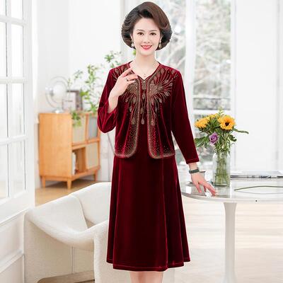 喜婆婆高端婚宴装大码礼服两件套中老年妈妈装中长款金丝绒连衣裙