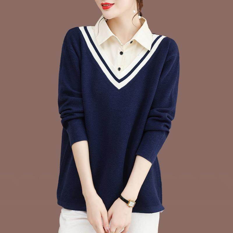 羊毛衫女士短款宽松大码洋气假两件打底衫胖mm200斤设计感针织衫