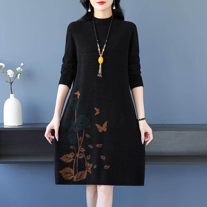 中年妈妈羊绒打底裙女宽松加大码遮肚洋气高贵印花中长款毛衣裙厚