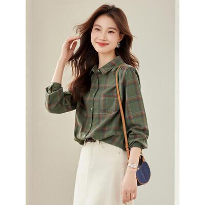 2025新款纯棉衬衫女式上衣早秋覆古格纹休闲纯棉长袖薄百搭衬衫