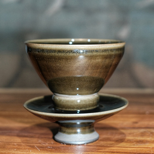 宋研 抹茶碗大束口盏 吴小明柴窑茶末釉点茶盏 手工玉子乌金宋式