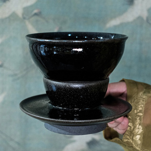 宋研 手工柴窯烏金釉大束口建盞天目臺 吳小明龍窯柴燒點茶盞