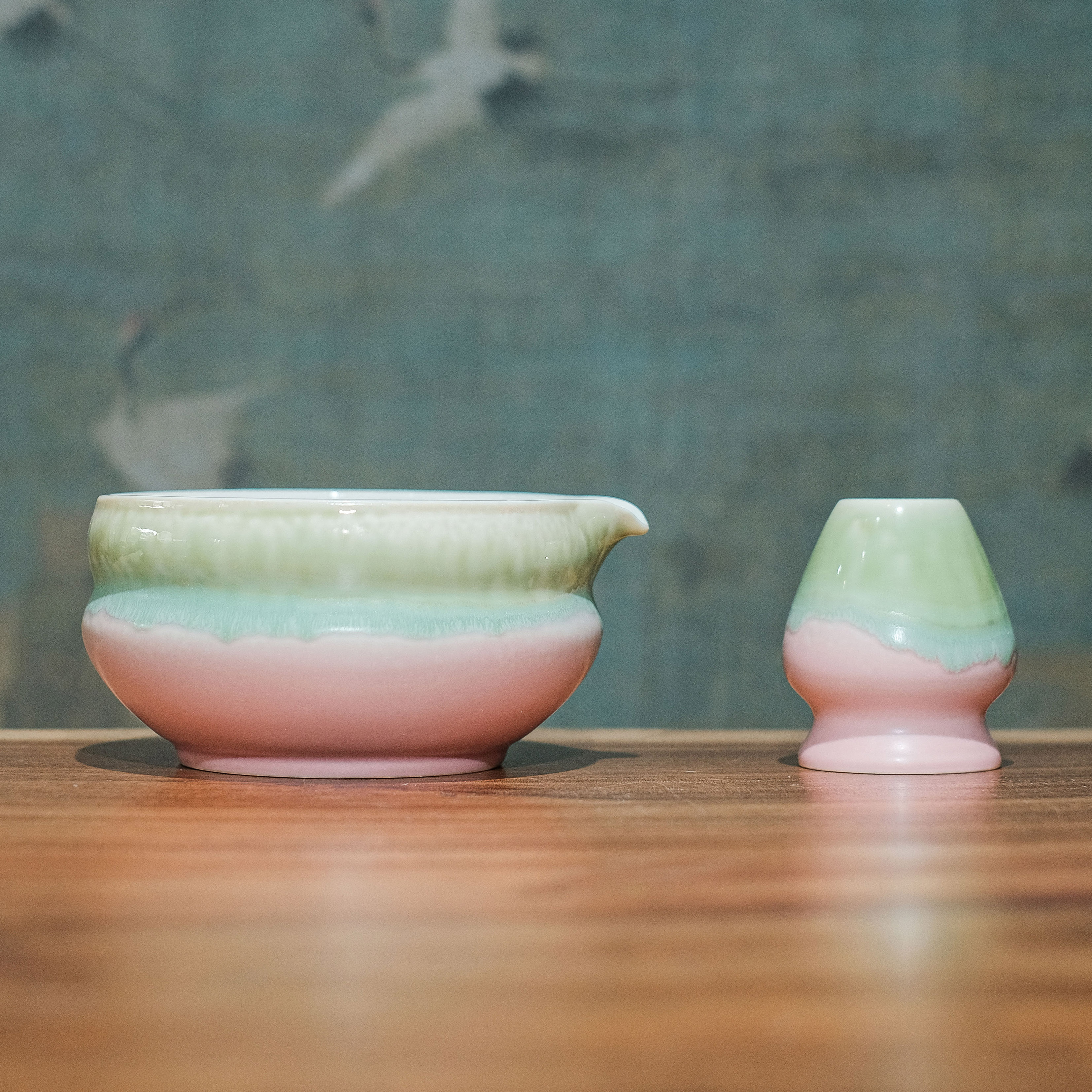 宋研 | 陶瓷抹茶碗茶筅立 窑变日式粉绿色点茶碗带嘴分茶碗打茶器