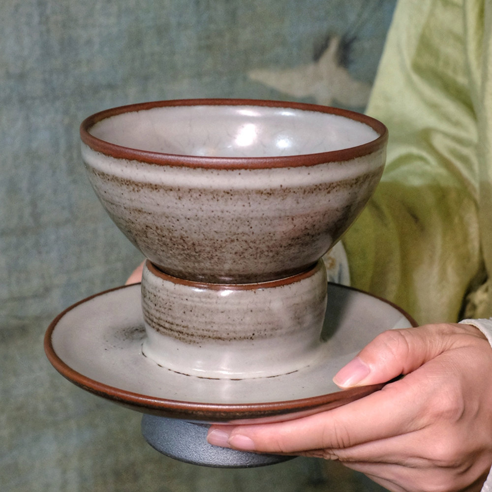 宋研 | 仿宋灰背龙窑柴烧点茶盏/盏托 灰白釉建盏抹茶碗 温润如玉