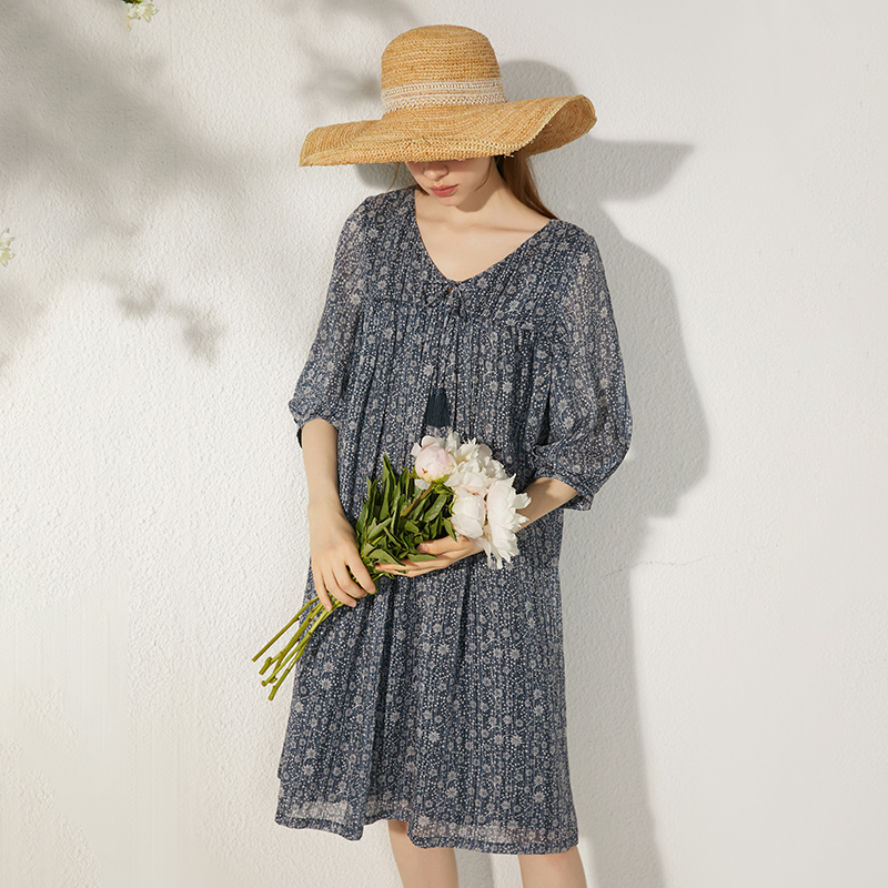 夏季新款高支苎麻连衣裙自然舒适森系娃娃裙优雅减龄a字裙84705A