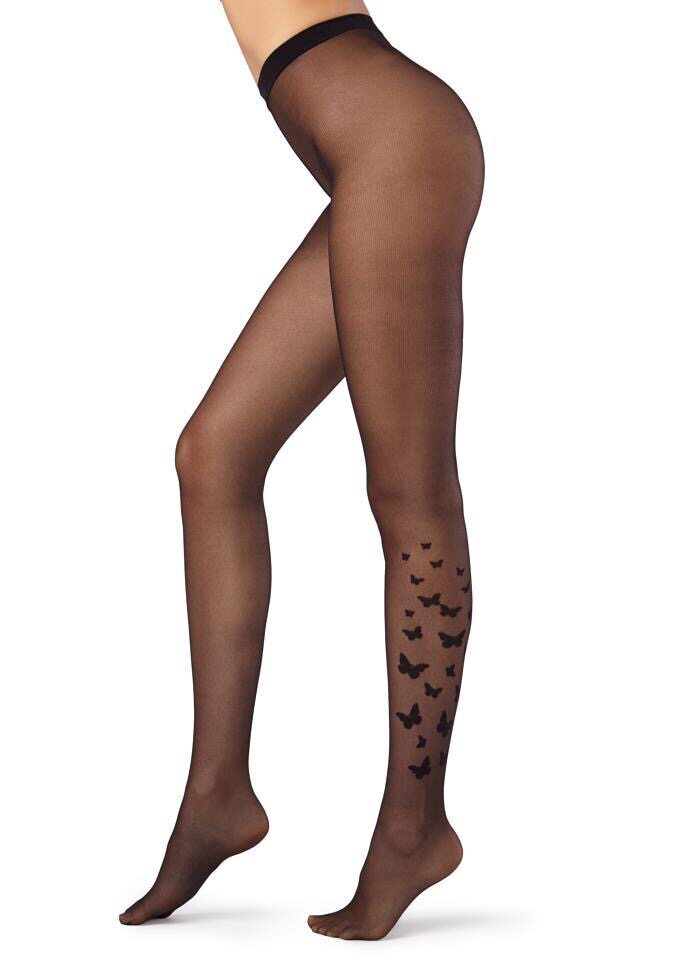 正品CALZEDONIA 女士秋冬连裤袜 黑色梦幻打底裤袜 蝴蝶图案丝袜