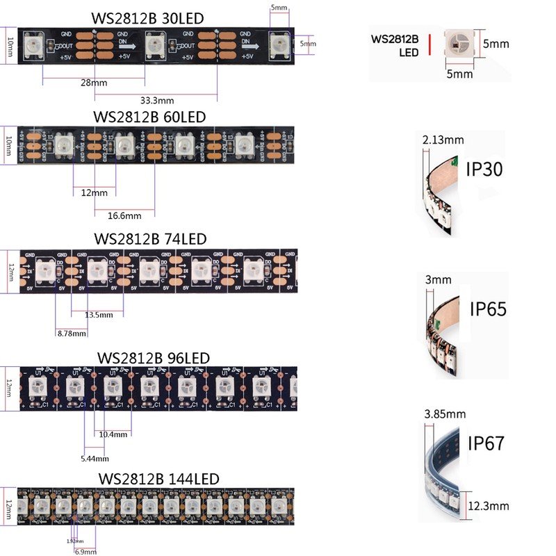 DC5V WS2812B Led Strip 30/60/74/96/144 leds/m WS2812 Black/W