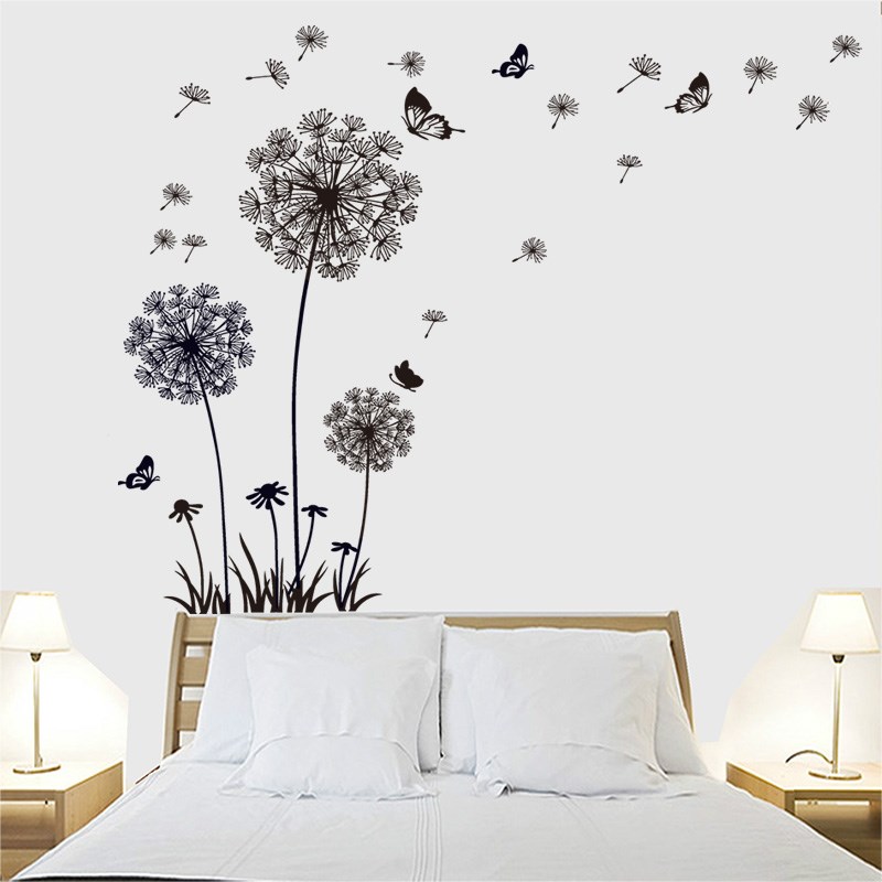 Large Black Dandelion Butterfly Wall Stickers Living Room B