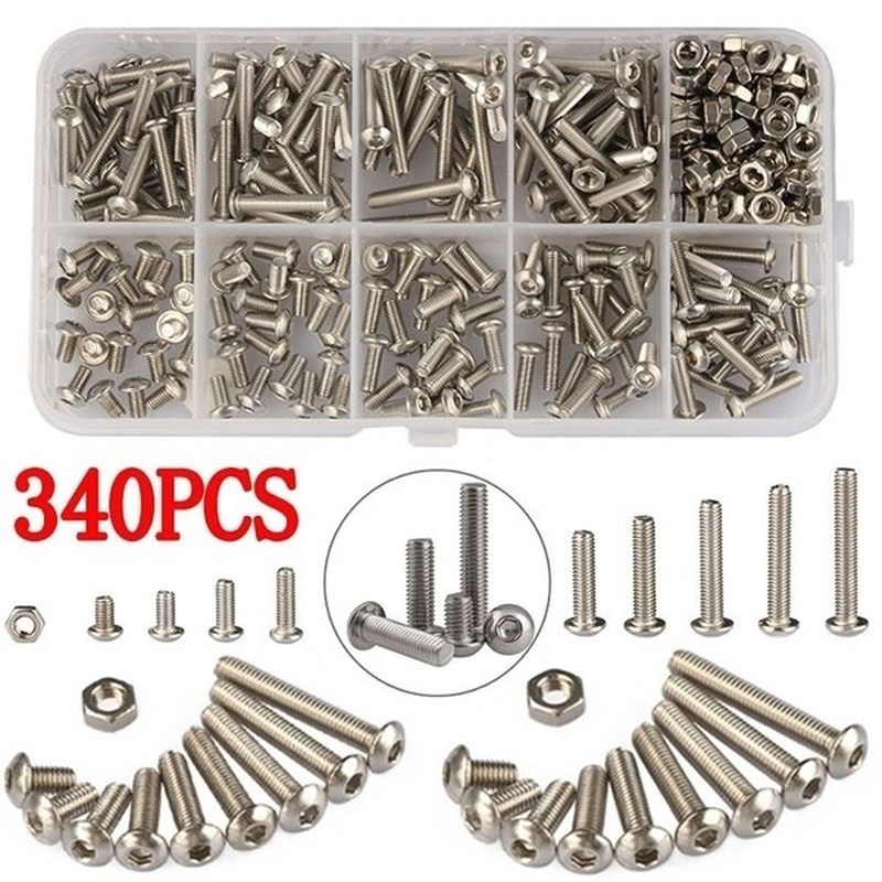 340PCS M3 Stainless Steel Hex Socket Screws Nut Set With B