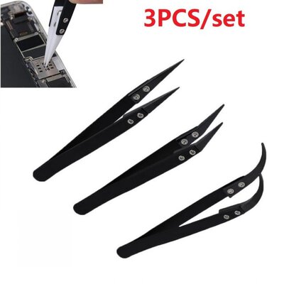 3pcs Ceramic Reverse Tweezer Set Black Little Curved/Big Cur
