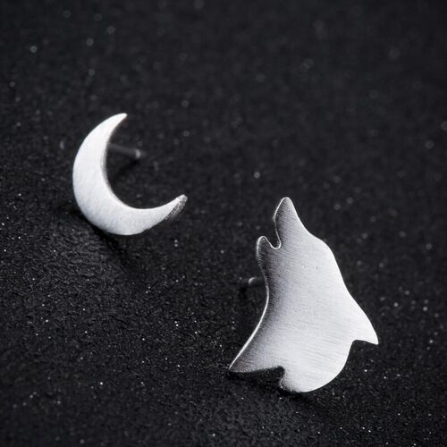 Jisensp Unique Lovely Wolf and Moon Stud Earrings for Women