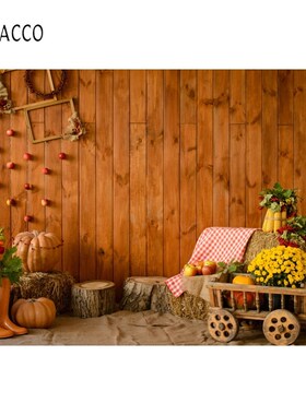Laeacco Autumn Wooden Board Pumpkin Haystack Harvest Photog