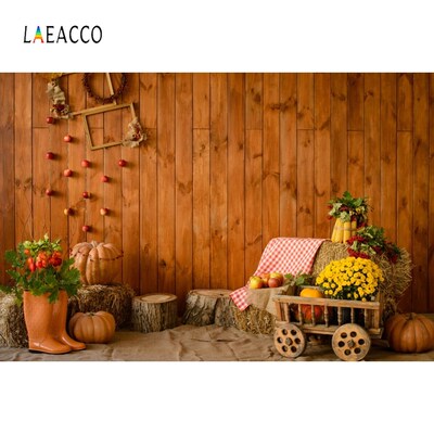 Laeacco Autumn Wooden Board Pumpkin Haystack Harvest Photog