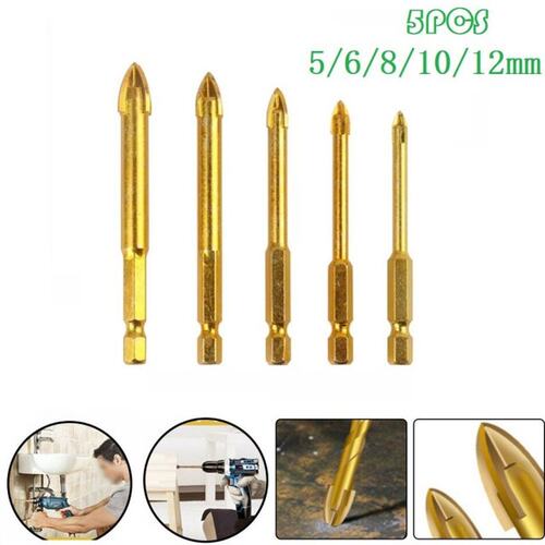5 Pieces Titanium Ceramic Tile Glass Drill Bits Set Hex Shan