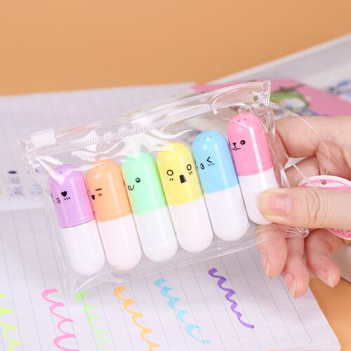 6PCS Cute Mini Smiling Face Pill Highlighter Lovely Cartoon