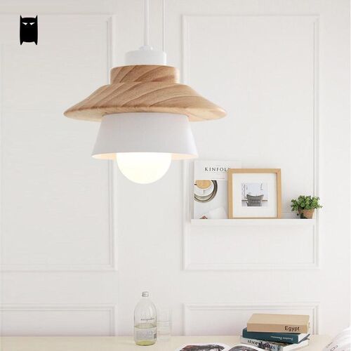 Black White Oak Wood Iron Shade Fruit Pendant Light Fixture