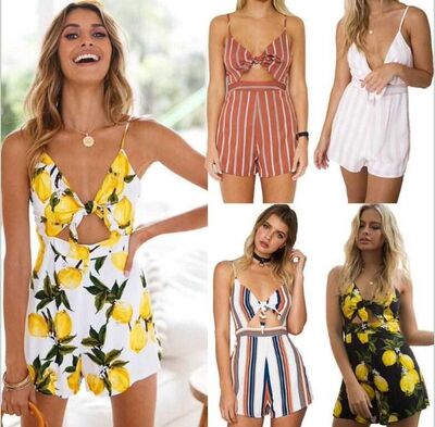 5 Color Stripe Print V-neck Bow Tie Playsuit Jumpsuit Romper