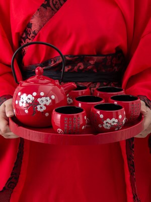 Ceramic Plum Tea Set Creative Red Teacup Pot Chinese Style W