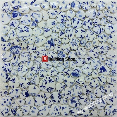 Glazed Blue White Porcelain Mosaic Tile PPMT055 Pebble Cera