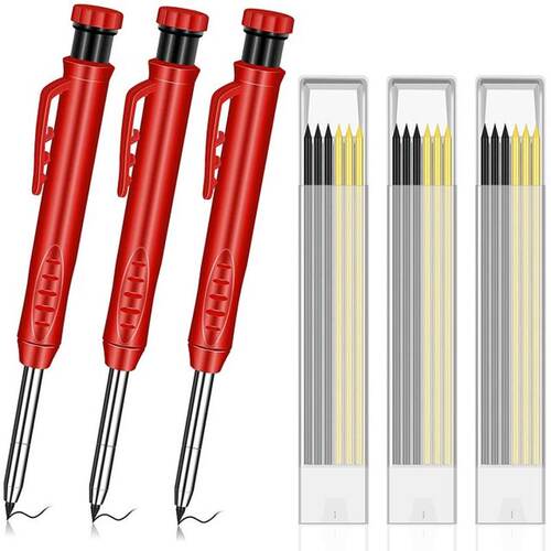 3Pcs Solid Carpenter Pencil Set with 18 Refill Leads, Built-