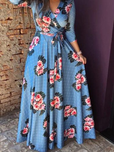 Elegant Women Long Dress Three Quarter Sleeve V Neck Sexy R