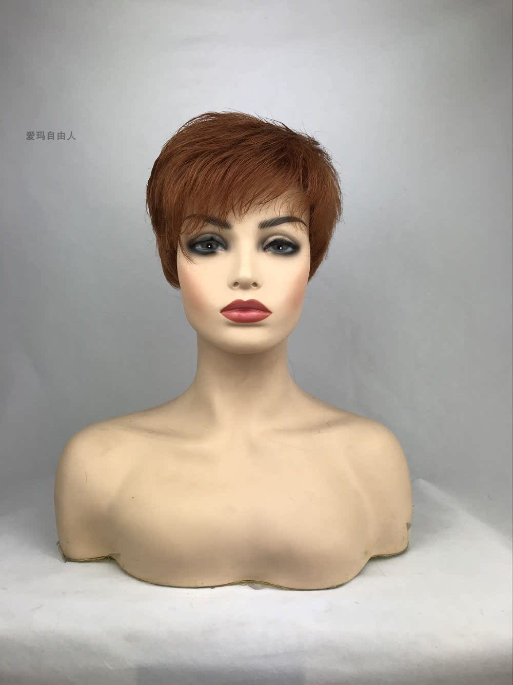 金棕色外贸时尚真发短发金棕色 防菌网摩丝定型真人发头套