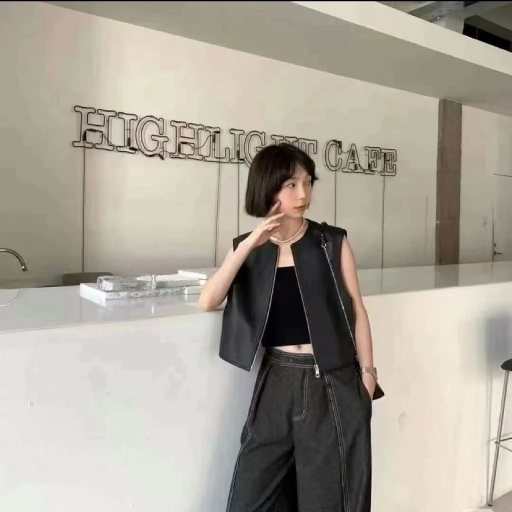 欧货春秋新款头层绵羊皮马甲女黑色无袖外套真皮坎肩背心拉链皮衣