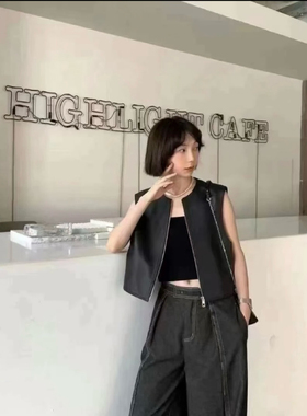 欧货春秋新款头层绵羊皮马甲女黑色无袖外套真皮坎肩背心拉链皮衣