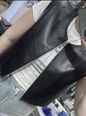 欧货春秋新款头层绵羊皮马甲女黑色无袖外套真皮坎肩背心拉链皮衣