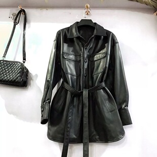 欧洲站2026春秋新款明星绵羊皮衬衫款真皮皮衣女中长款皮夹克外套
