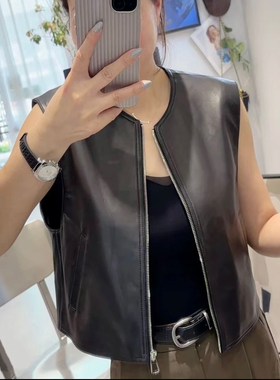 欧货春秋新款头层绵羊皮马甲女黑色无袖外套真皮坎肩背心拉链皮衣
