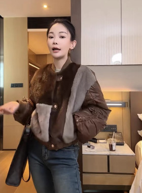 网红同款潮流时尚宽松进口水貂毛整貂皮草外套拼鹅绒服保暖时髦潮