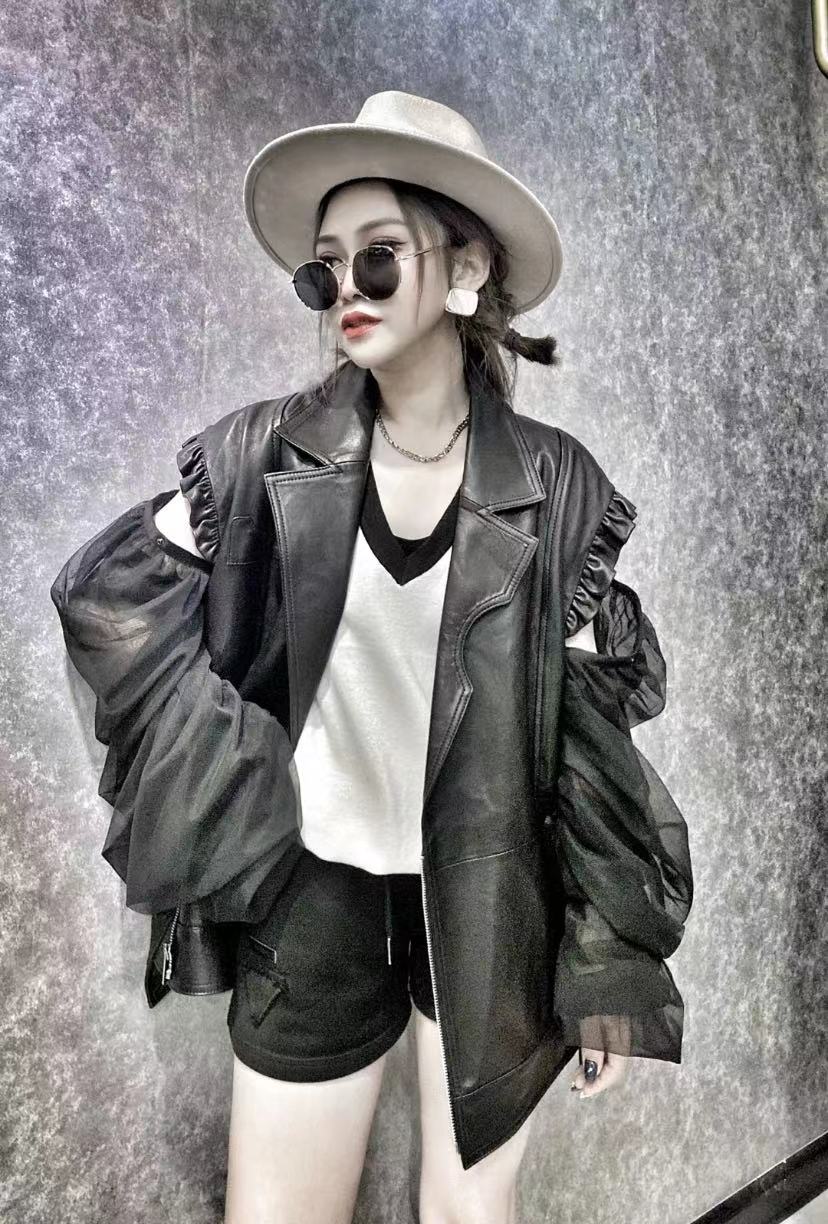 欧洲站2024年秋季新款真皮皮衣女中长款可卸纱袖两穿绵羊皮外套潮