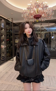廓形双层领短款 进口羊皮泡皮机车夹克宽松真皮皮衣2025新款 外套女