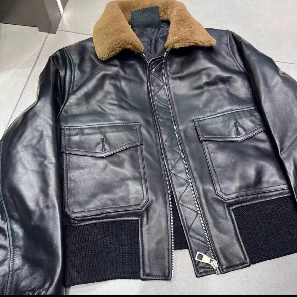 陈太太同款羔羊毛领咖色羊皮加棉设计感真皮工装夹克皮衣外套女冬